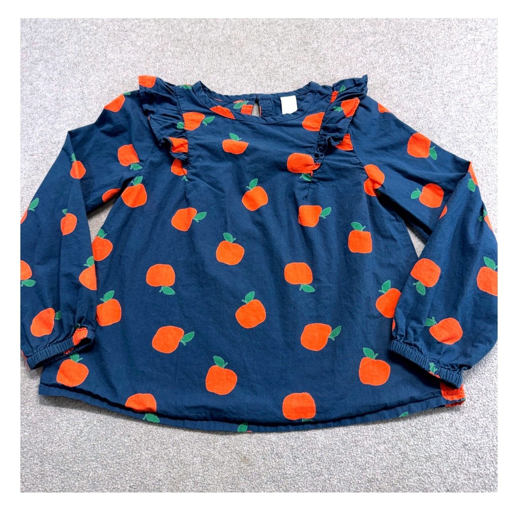 Harper Canyon Blouse Kids Size 5 Navy Blue Apple Print Ruffle Long Sleeve Top